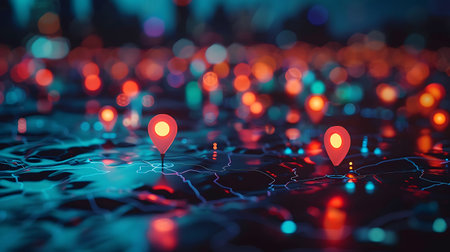 Abstract 3d rendering of map with red pins on dark blue backgroundの素材