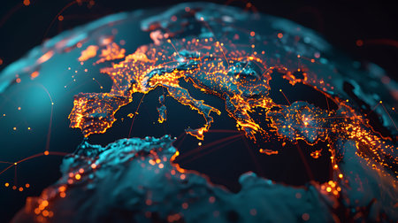 3D illustration of global network connection and data exchanges over the worldの素材