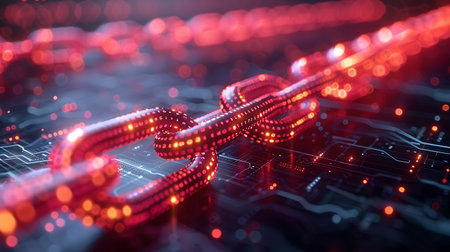 3d rendering of chain links on circuit board background. Network conceptの素材