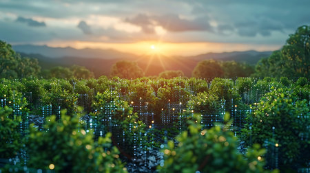 Green seedlings in the garden at beautiful sunset. Nature background.の素材