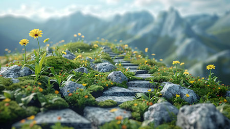 Stone path with flowers and mountains in the background. 3d renderの素材