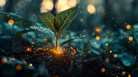 Plant sprout growing from soil with glowing bokeh backgroundの素材