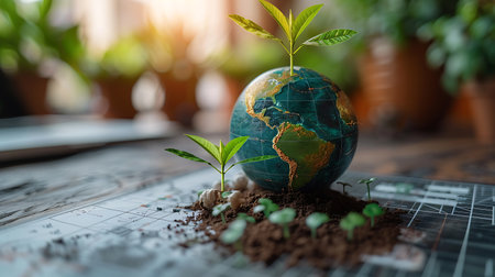 Green sprout growing from soil on globe. Earth day concept.の素材