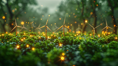 Wind turbines in the forest. Alternative energy concept. 3d renderingの素材