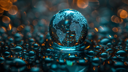 Glass globe with water drops and bokeh effect. 3D illustration.の素材
