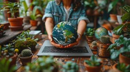 Woman holding a globe and using laptop at home. World environment day concept.の素材