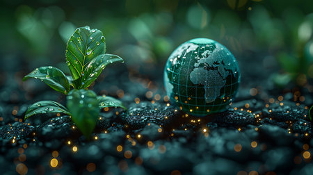 Green planet and sprout on black soil. 3D illustration.の素材