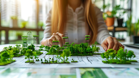 Close-up of woman's hand holding miniature model of city. Concept of ecology and environment protection.の素材