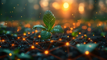 Green plant sprout growing from soil with glowing network connection on bokeh backgroundの素材