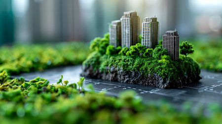 Miniature city with green grass and cityscape on the top.の素材