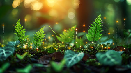 Green fern plant growing in the forest with glowing lights bokeh backgroundの素材
