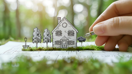 Real estate concept. Hand drawing house model on paper in the forestの素材