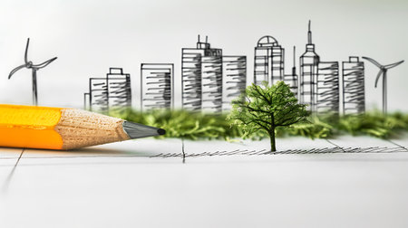 Pencil with green plant and windmills on a construction planの素材