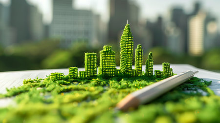 Miniature of a city with pencil and green grass in front of itの素材