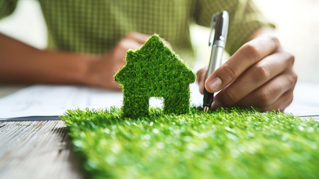 Close-up image of human hand drawing house model on green grassの素材