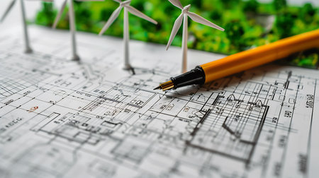 Wind turbines and a pencil on a construction drawing of a house.の素材