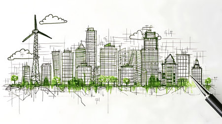 Conceptual image of green city with wind turbines on white backgroundの素材