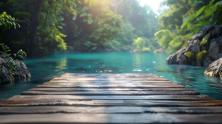 Wooden pier in the tropical forest with sunlight and bokehの素材