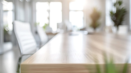 Wooden table and chairs in modern meeting room, blur background.の素材