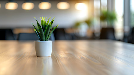Plant in white pot on wooden table in coffee shop, stock photoの素材