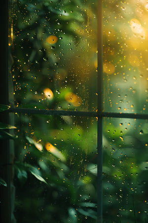 Raindrops on the window with bokeh light in the morningの素材