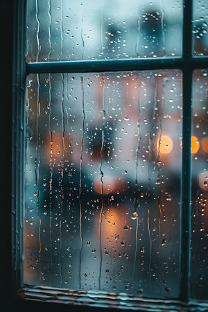Raindrops on the window, view of the city through the glassの素材