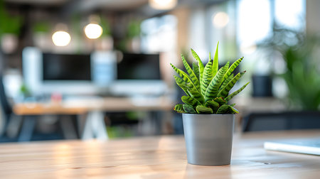 Close up of a plant in a pot on a desk in a modern officeの素材