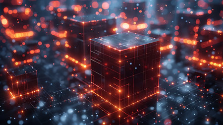 Abstract 3d rendering of a futuristic city with glowing cubes. Futuristic city.の素材