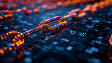Data security concept. Chain link and binary code. 3d illustrationの素材