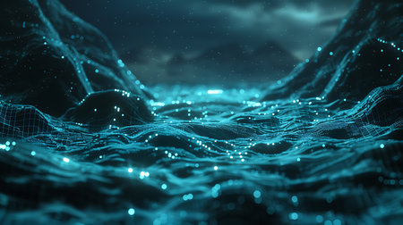 3D rendering of abstract digital landscape with glowing particles. Network connection structure.の素材