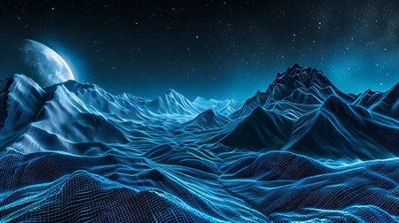 Futuristic landscape with mountains and moon. 3D Renderingの素材