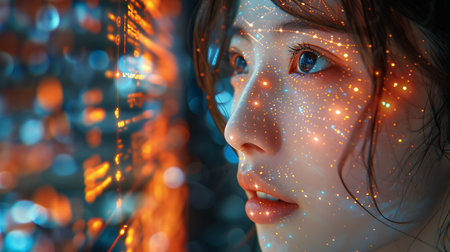 Portrait of a beautiful girl with glowing eyes. 3d renderingの素材