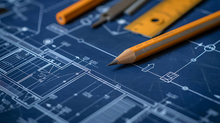 Architectural blueprints and pencils, closeup of photoの素材