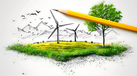 Conceptual image with wind turbines and windmills drawn by pencilの素材