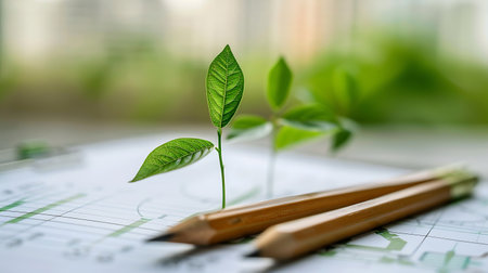 Green seedling growing on paper with pencils on table in officeの素材