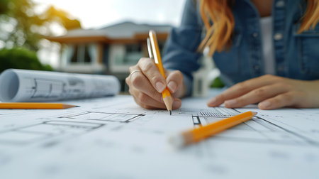 Close-up image of female architect working with blueprints at construction siteの素材