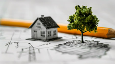 Miniature house with tree and pencil on blueprint. Real estate concept.の素材
