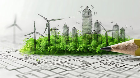 Green eco city concept with pencil and wind turbines. 3D renderingの素材