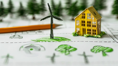 Windmill and house on a construction plan. Renewable energy concept.の素材