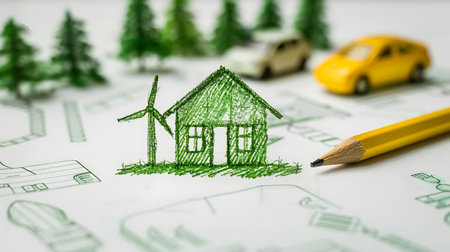 Miniature model of a house, car and wind turbine on a blueprintの素材