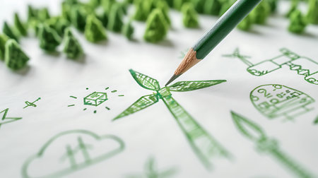 Drawing a windmill on a white sheet of paper with a green pencilの素材