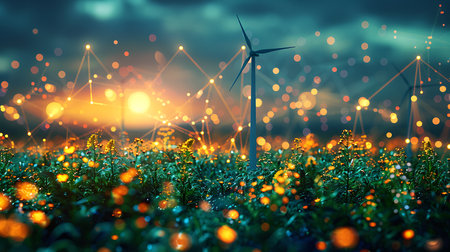 Wind turbines in the field at sunset. Alternative energy source. Eco friendly concept.の素材