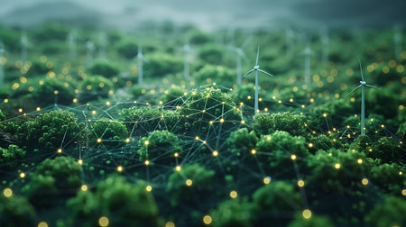 Green energy concept. Wind turbines in the field. 3D renderingの素材