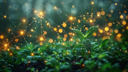 Green plant sprout with glowing lights and bokeh. 3D renderingの素材