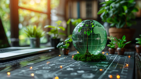 Ecology and environment concept. Earth globe with green plant and laptop.の素材