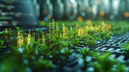 3d illustration of green seedlings growing on a computer keyboard in data centerの素材