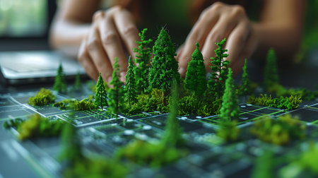 Miniature model of the forest on the table. The concept of ecology, environment protection and conservation.の素材