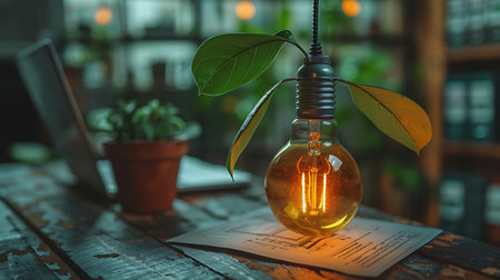 A light bulb on a table with a notebook and a plant.の素材