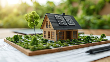 Miniature model of a house with a solar panel on the roof.の素材