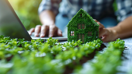 Close up of businesswoman hand working on laptop computer with green house model in the fieldの素材